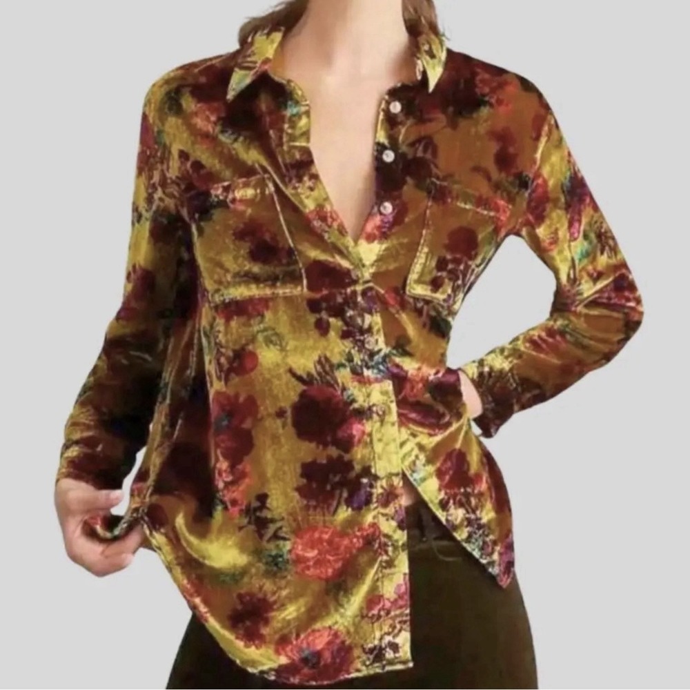 Pilcro Anthropologie Hadley Velvet Floral Shirt Medium Yellow Green Button Down